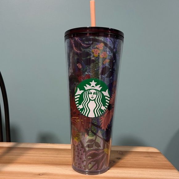 Starbucks Other - New Starbucks Iridescent Foil floral fabric Floral Tumbler and straw 24oz